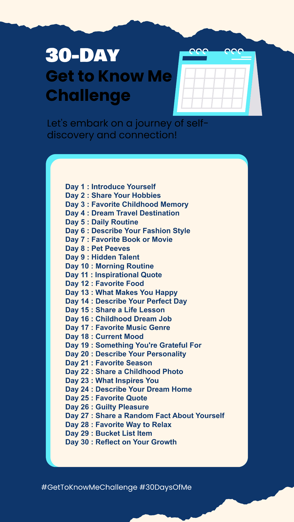 Free 30 day Get to Know Me Challenge