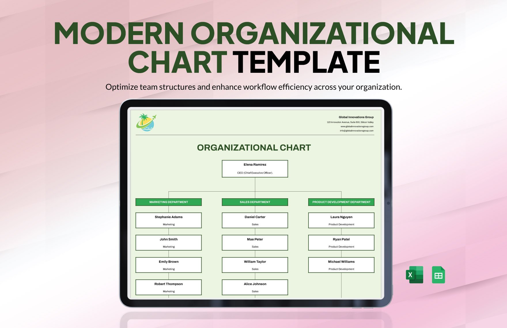 Modern Organizational Chart Template in Excel, Google Sheets