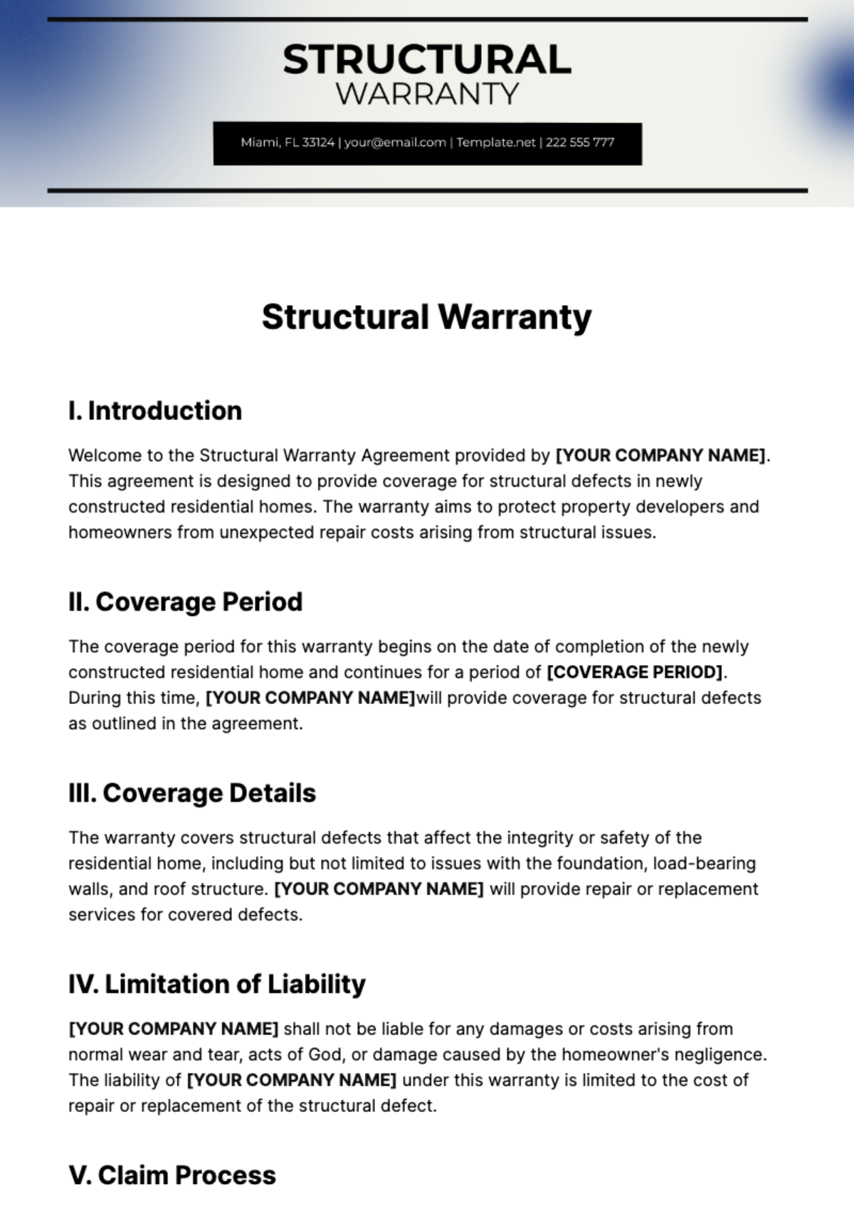 Free Structural Warranty Template