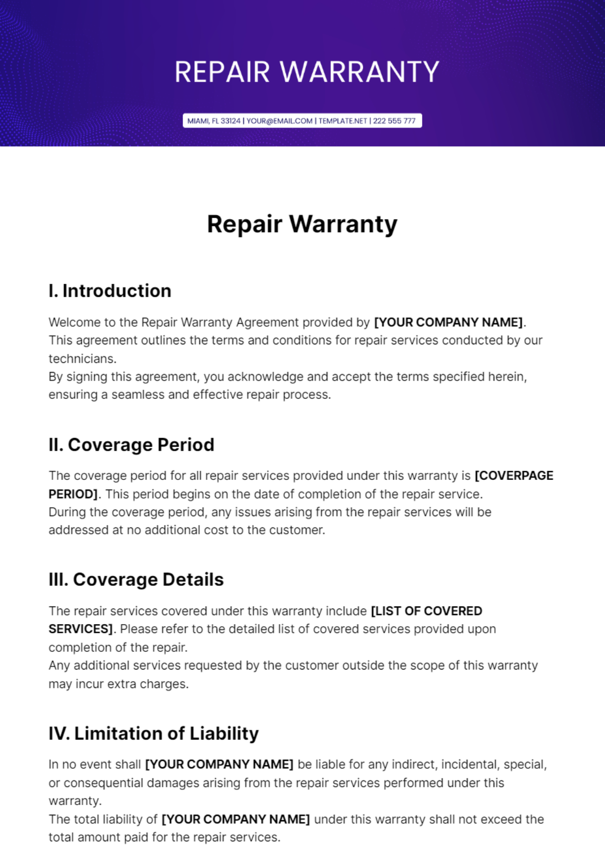 Repair Warranty Template