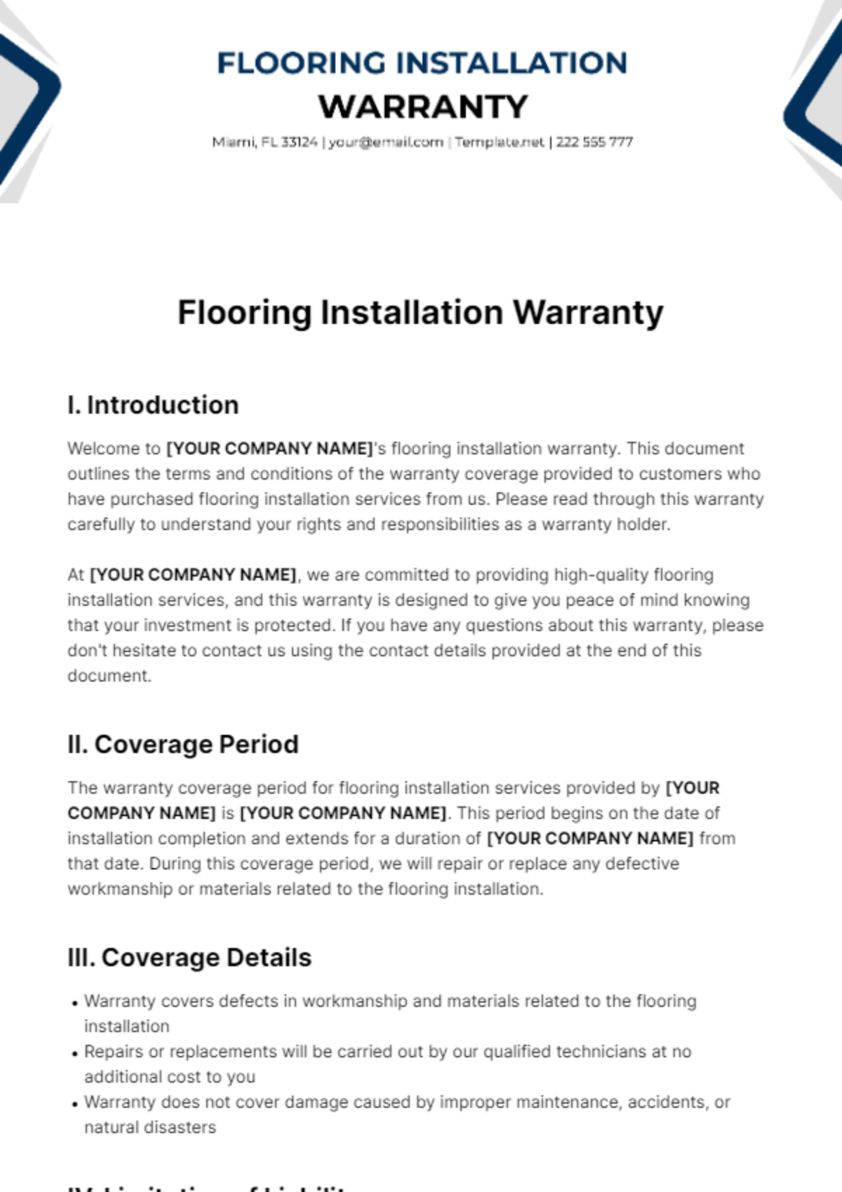 Flooring Installation Warranty Template