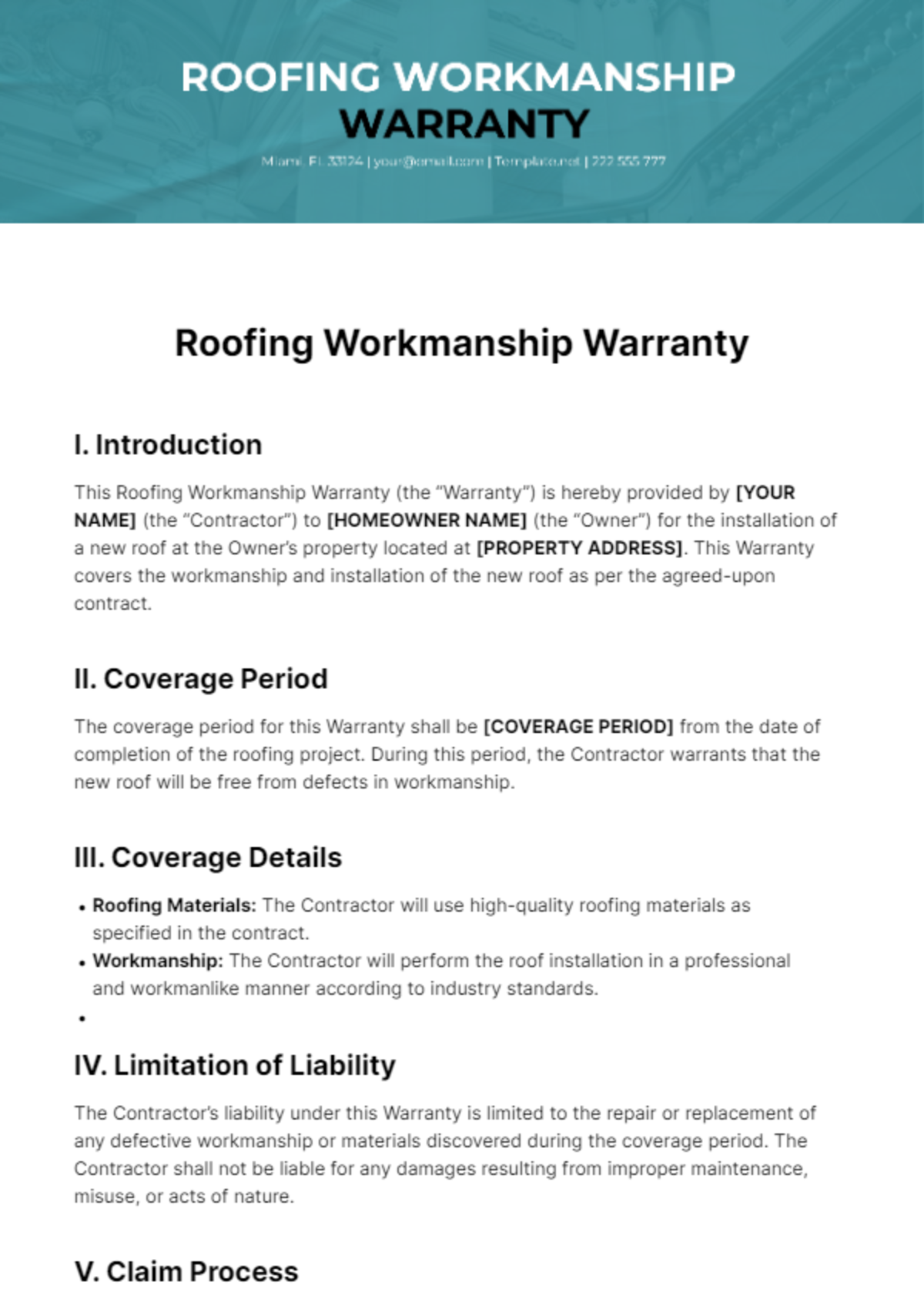 Roofing Workmanship Warranty Template