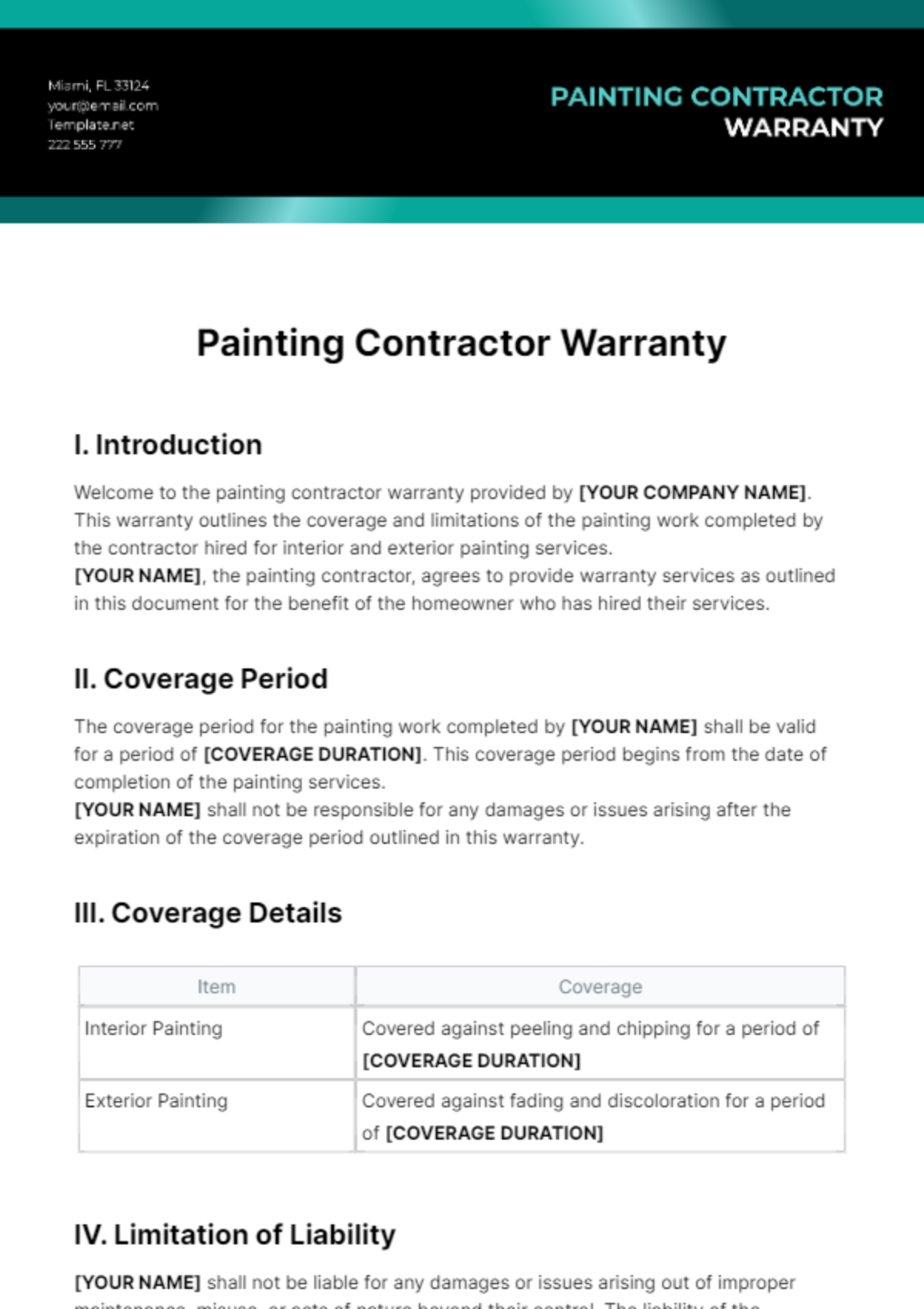 Free Painting Contractor Warranty Template
