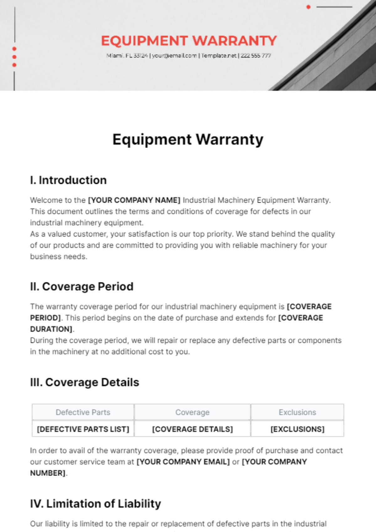 Equipment Warranty Template