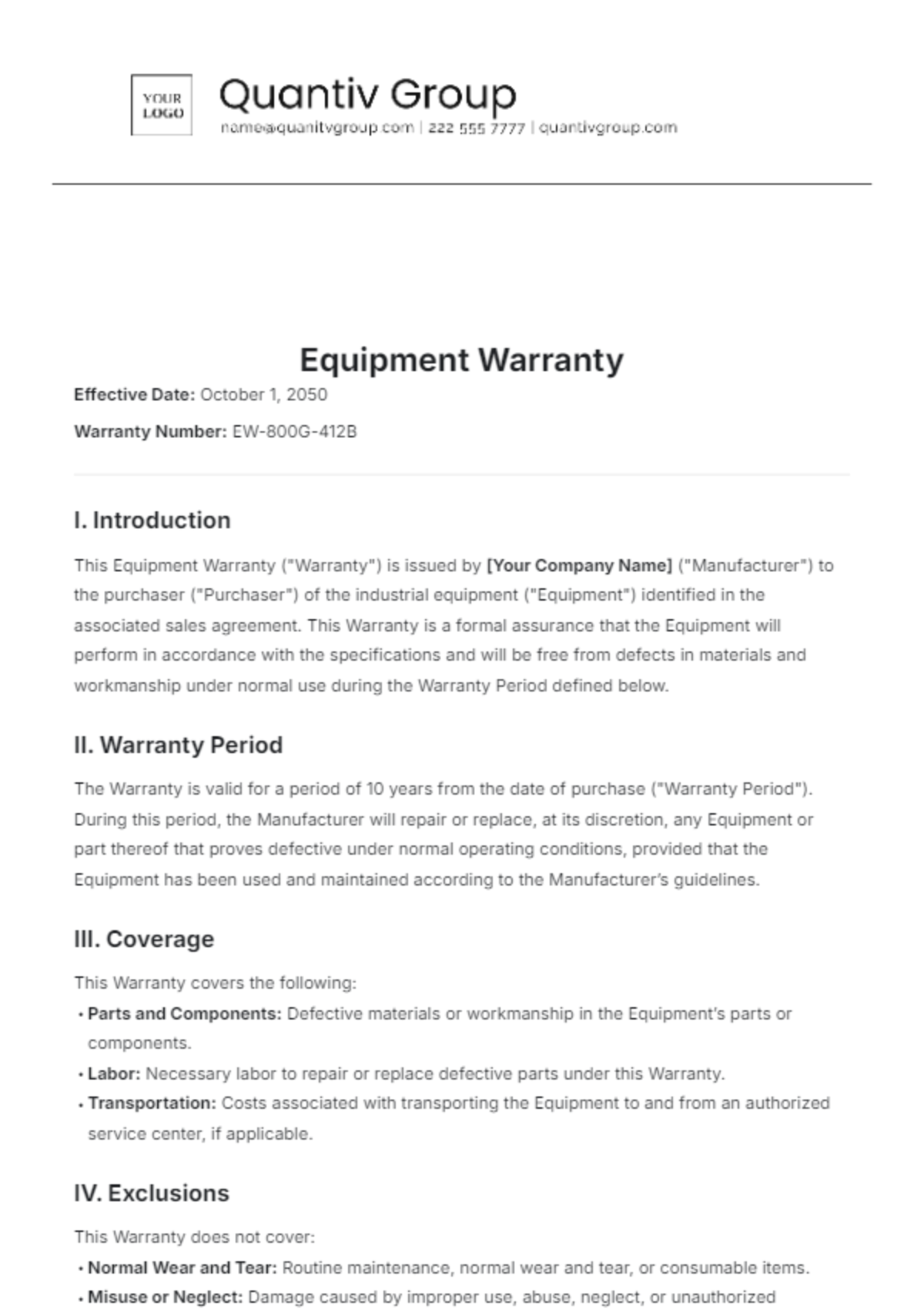 Equipment Warranty Template