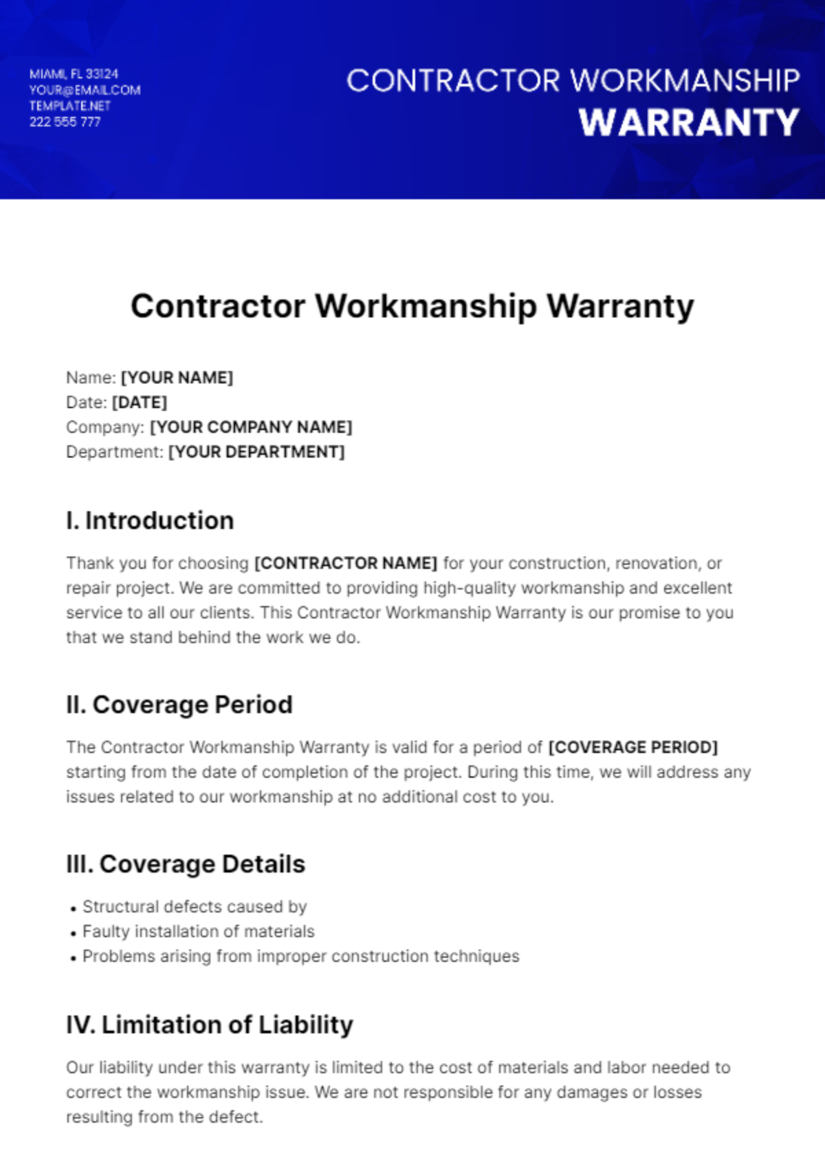 Contractor Workmanship Warranty Template