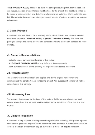 Free General Contractor Warranty Template to Edit Online