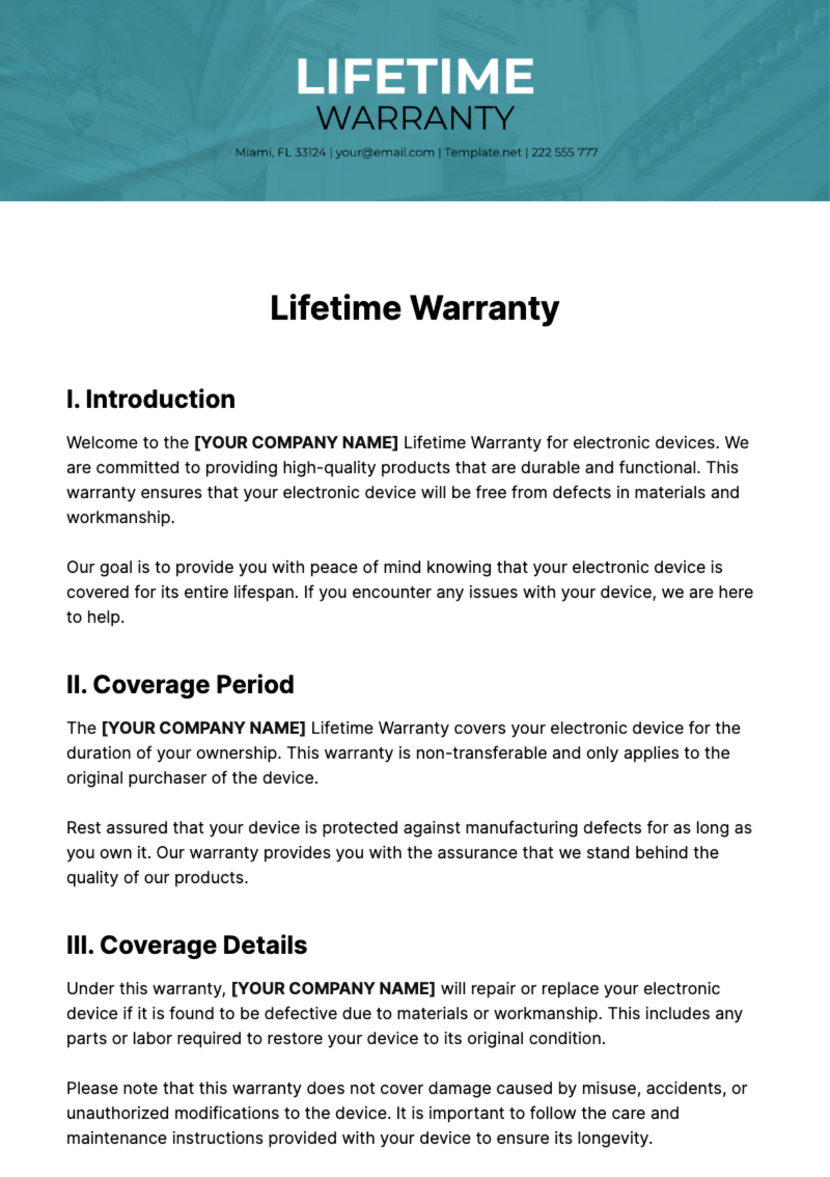 Free Lifetime Warranty Template