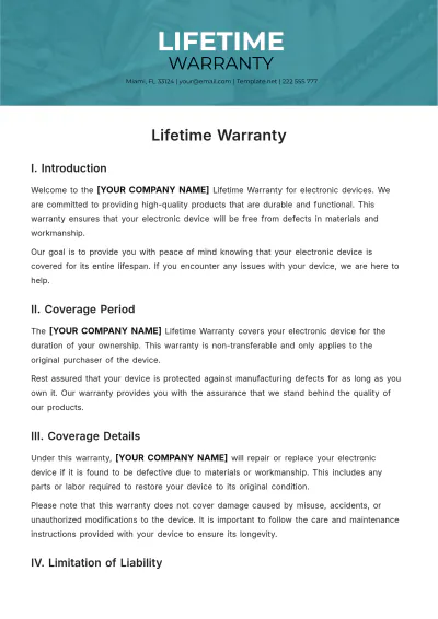 Free Lifetime Warranty Template to Edit Online
