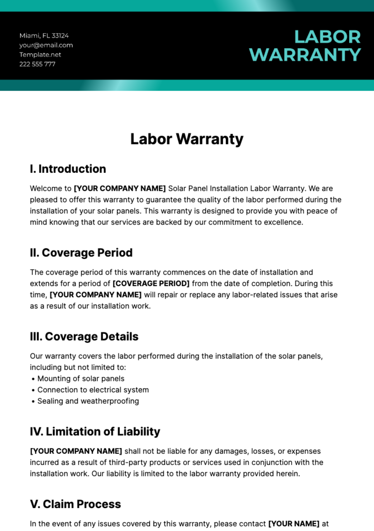 Free Labor Warranty Template