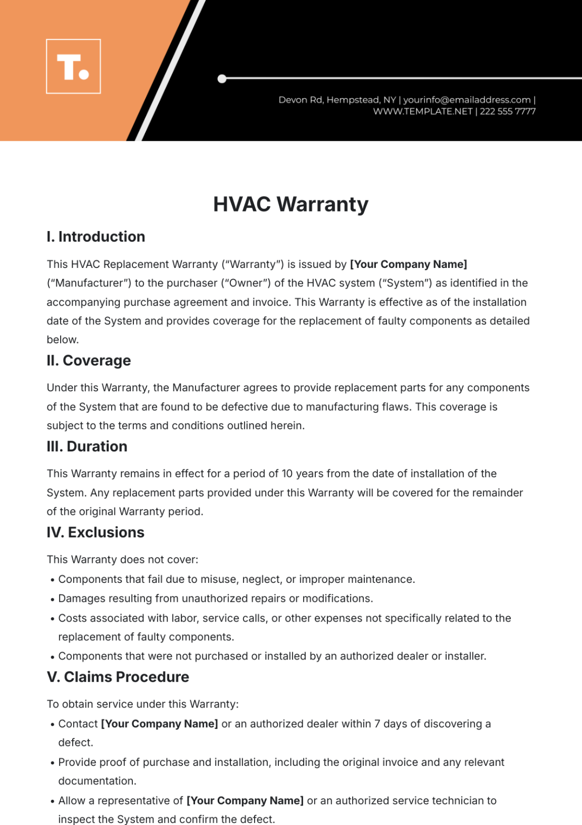 HVAC Warranty Template