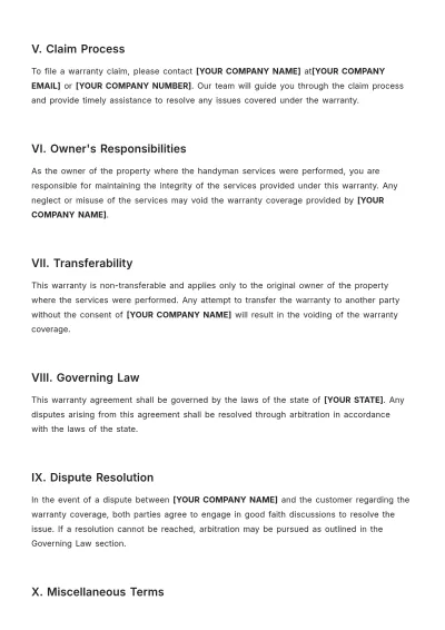 Free Handyman Warranty Template to Edit Online