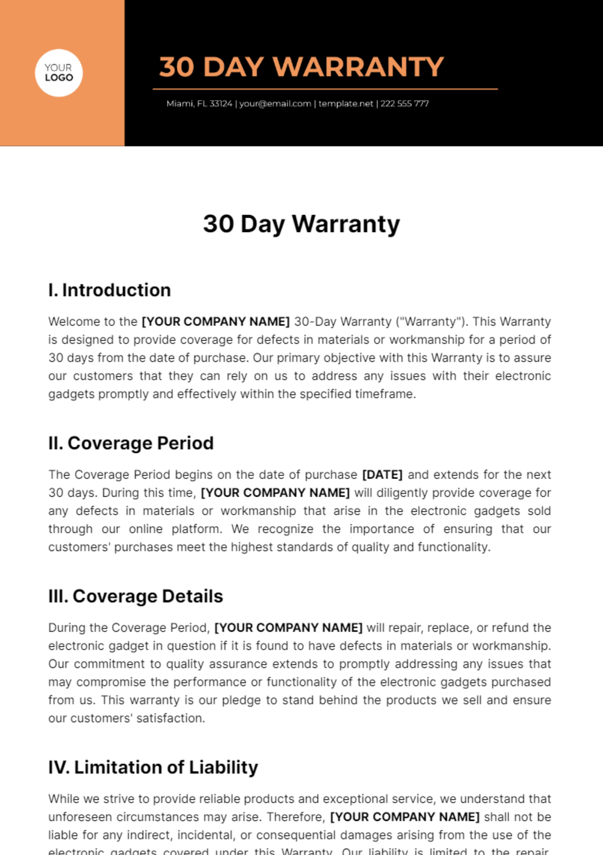Free 30 Day Warranty Template