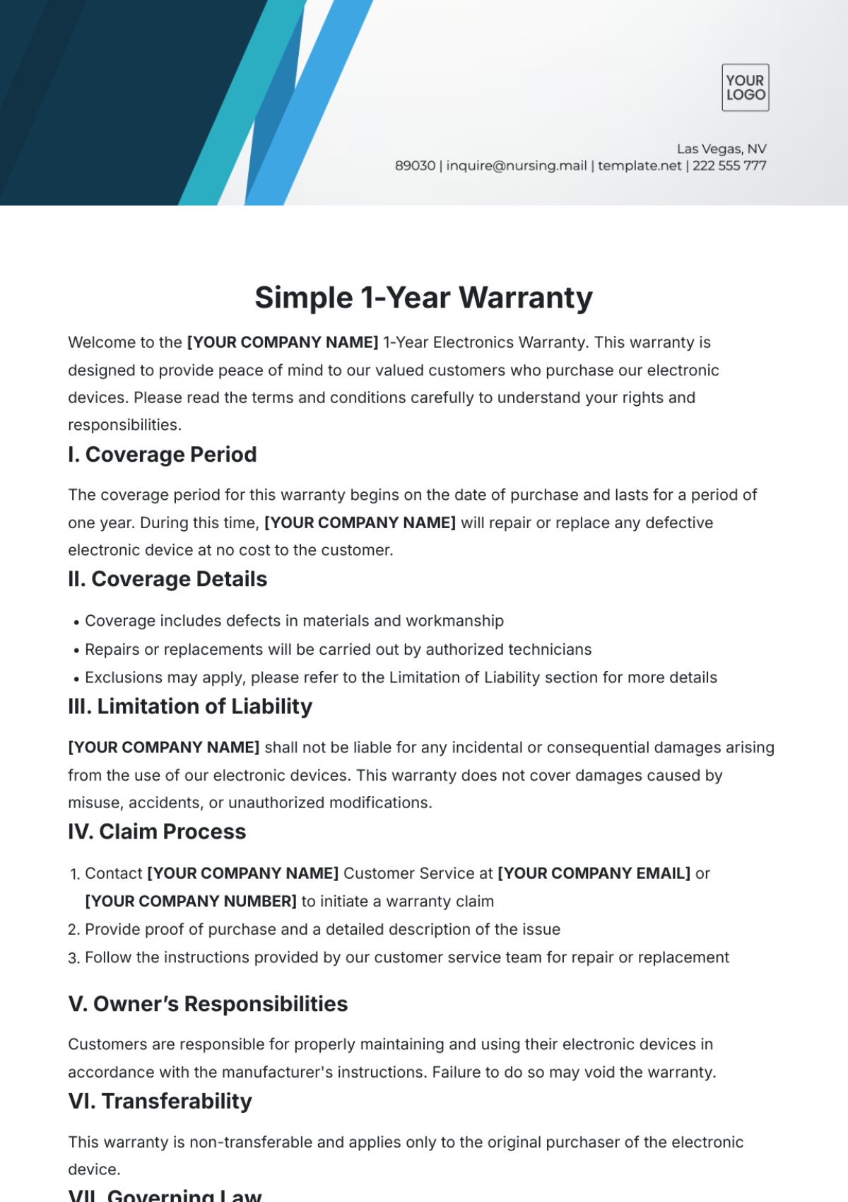 Free Simple 1-Year Warranty Template to Edit Online