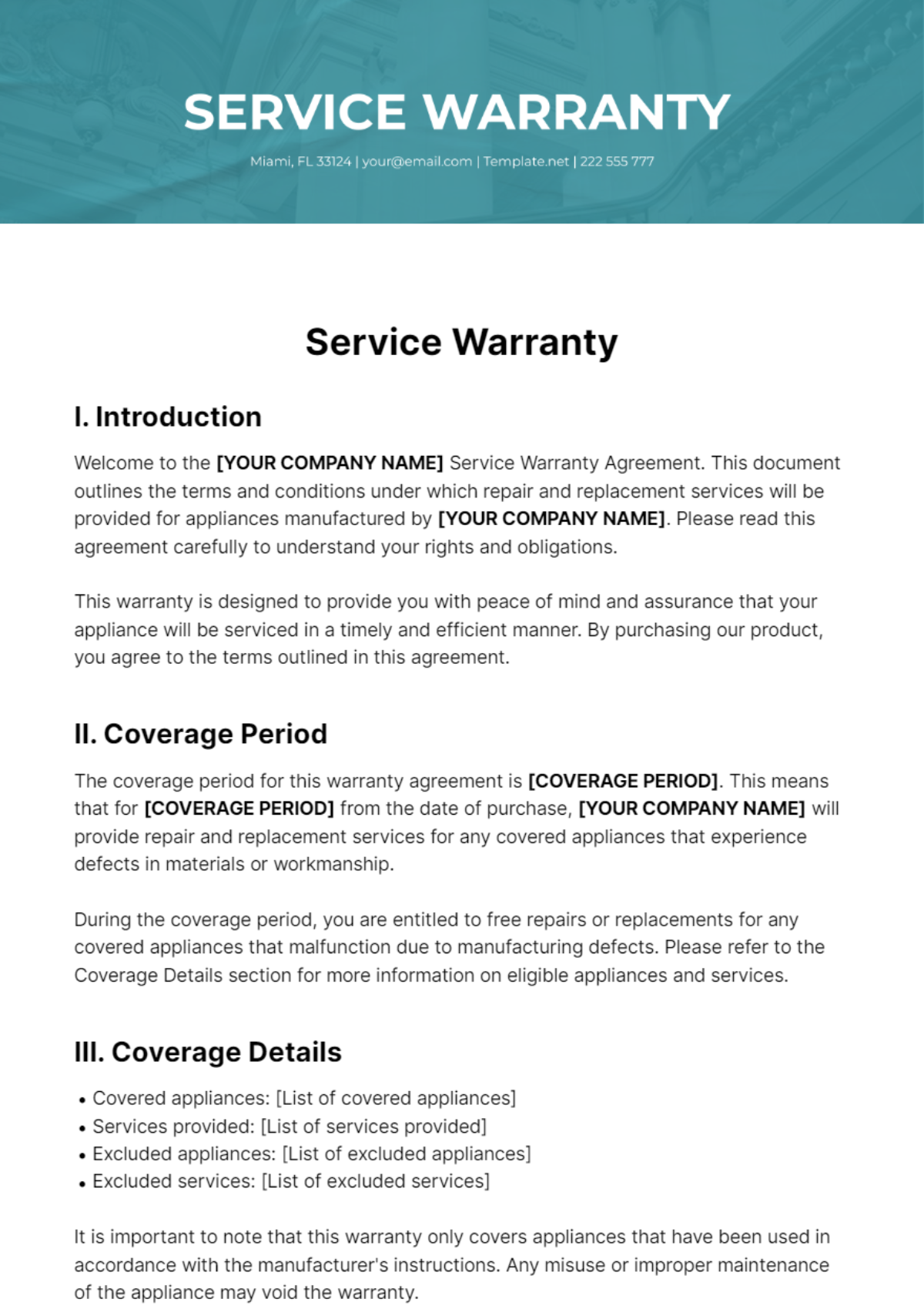 Free Service Warranty Template
