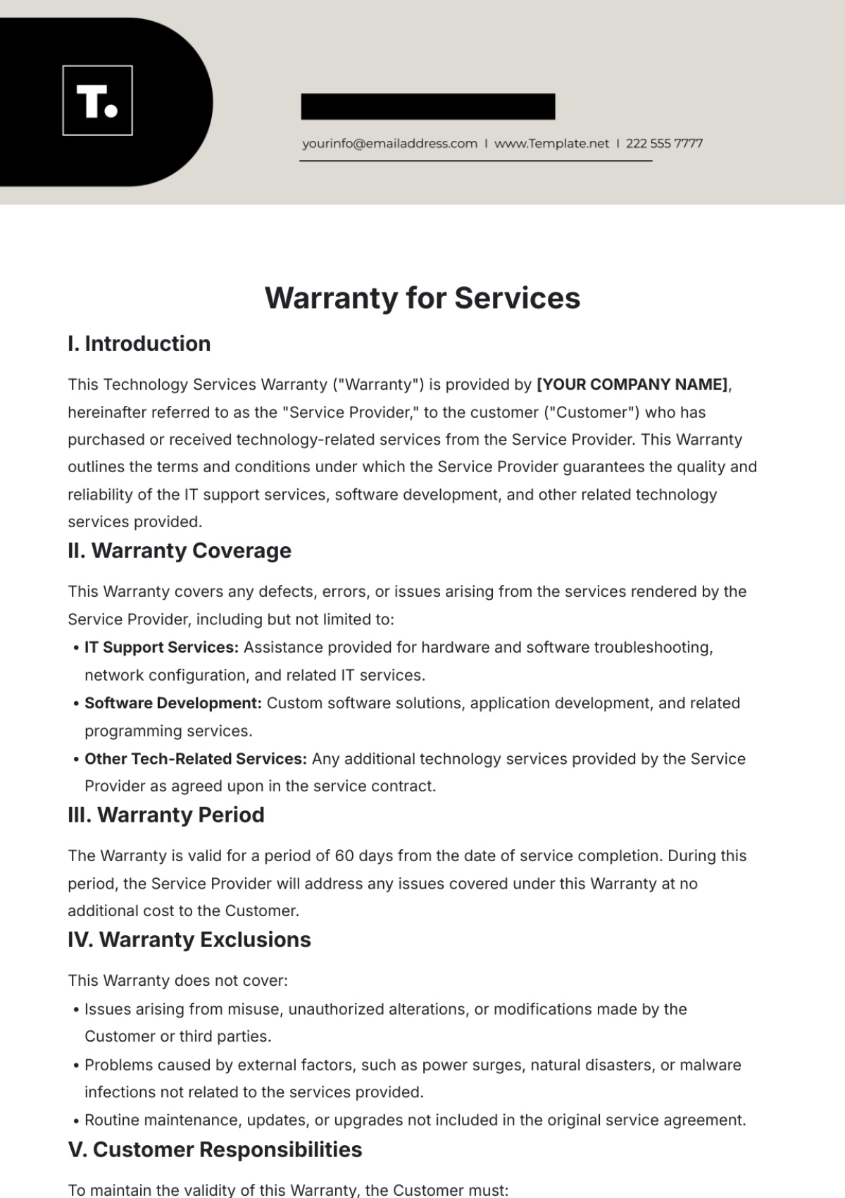 Warranty for Services Template