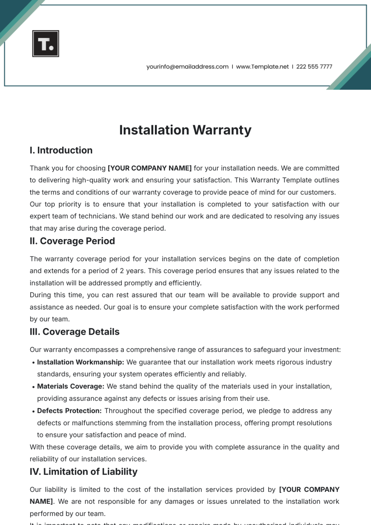 Installation Warranty Template