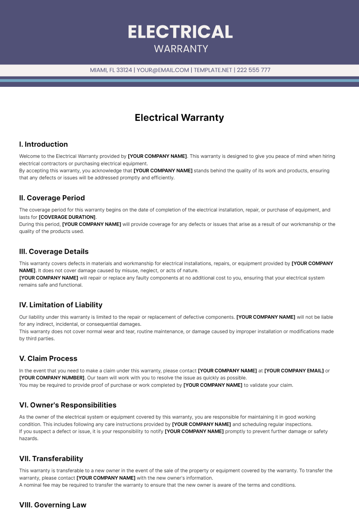 Electrical Warranty Template