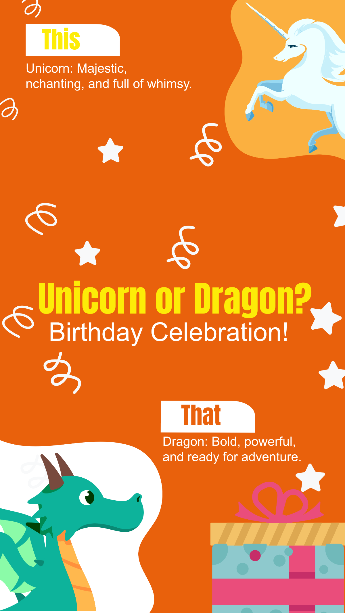 Free Unicorn or Dragon This or That Birthday Card Template