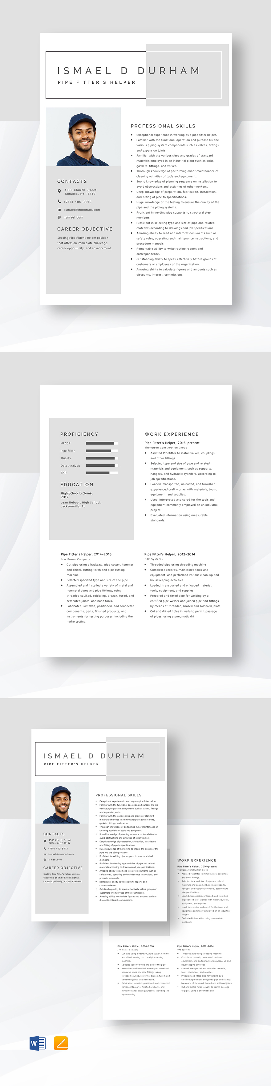 Free Pipe Fitter's Helper Resume Template - Word, Apple Pages ...