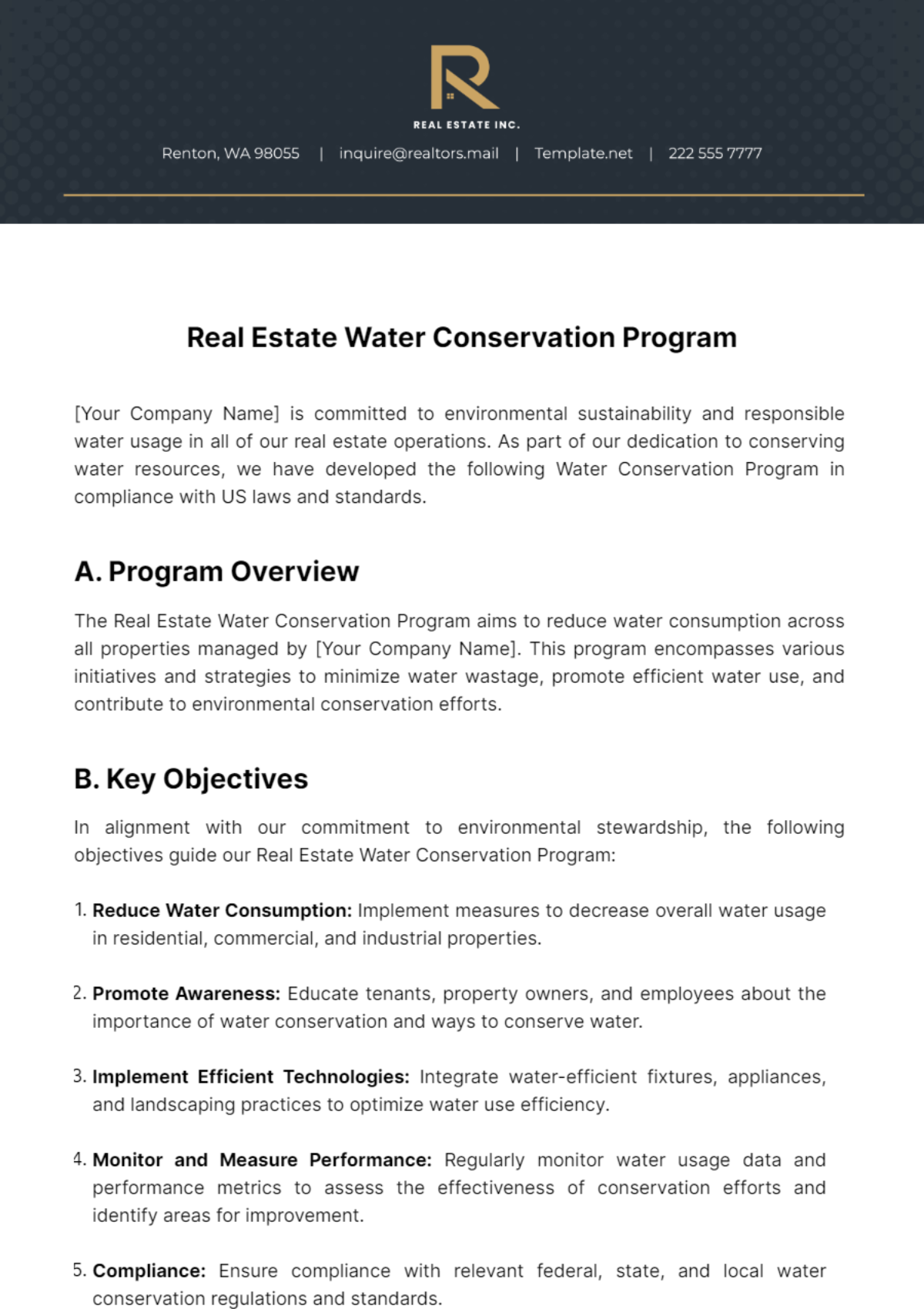 Free Real Estate Water Conservation Program Template