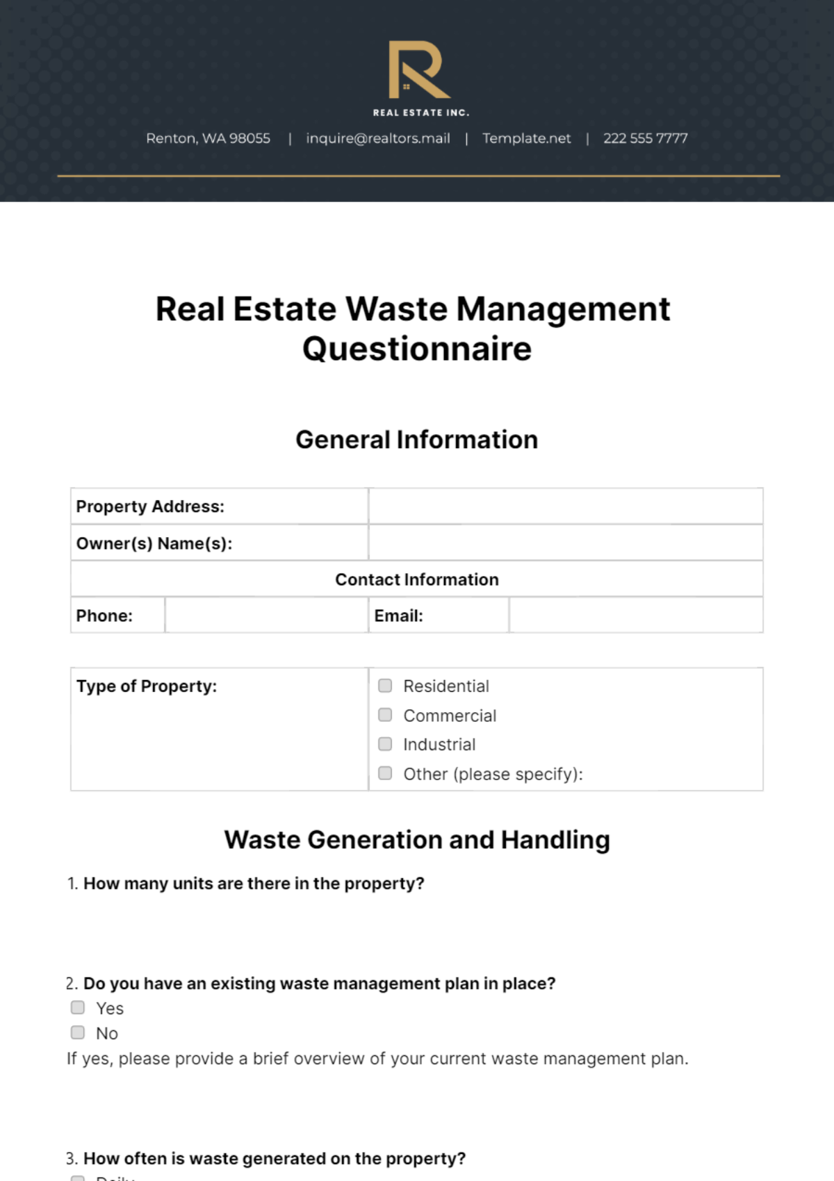 Free Real Estate Waste Management Questionnaire Template