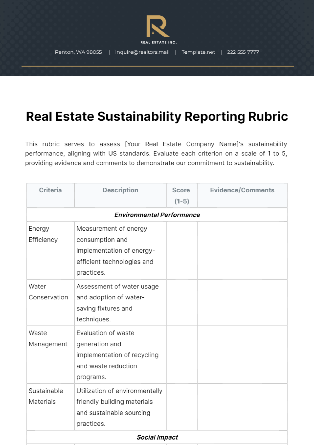 Free Real Estate Sustainability Reporting Rubric Template