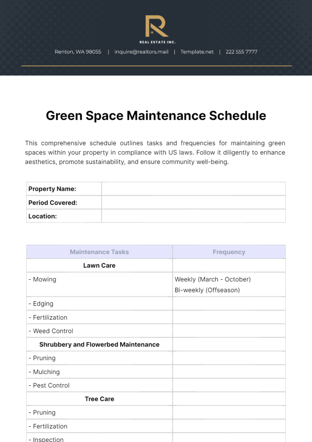 Real Estate Green Space Maintenance Schedule Template