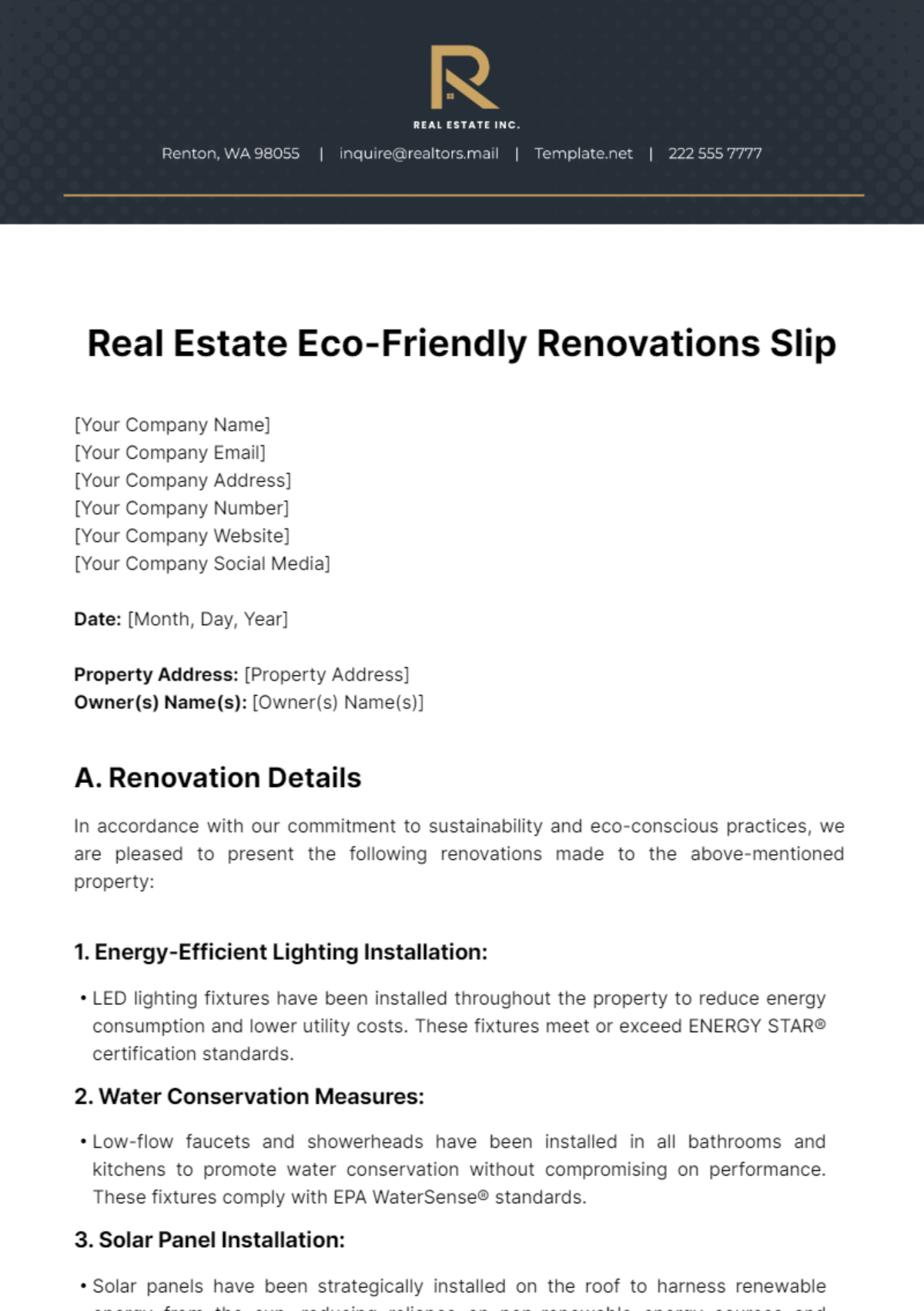 Free Real Estate Eco-Friendly Renovations Slip Template