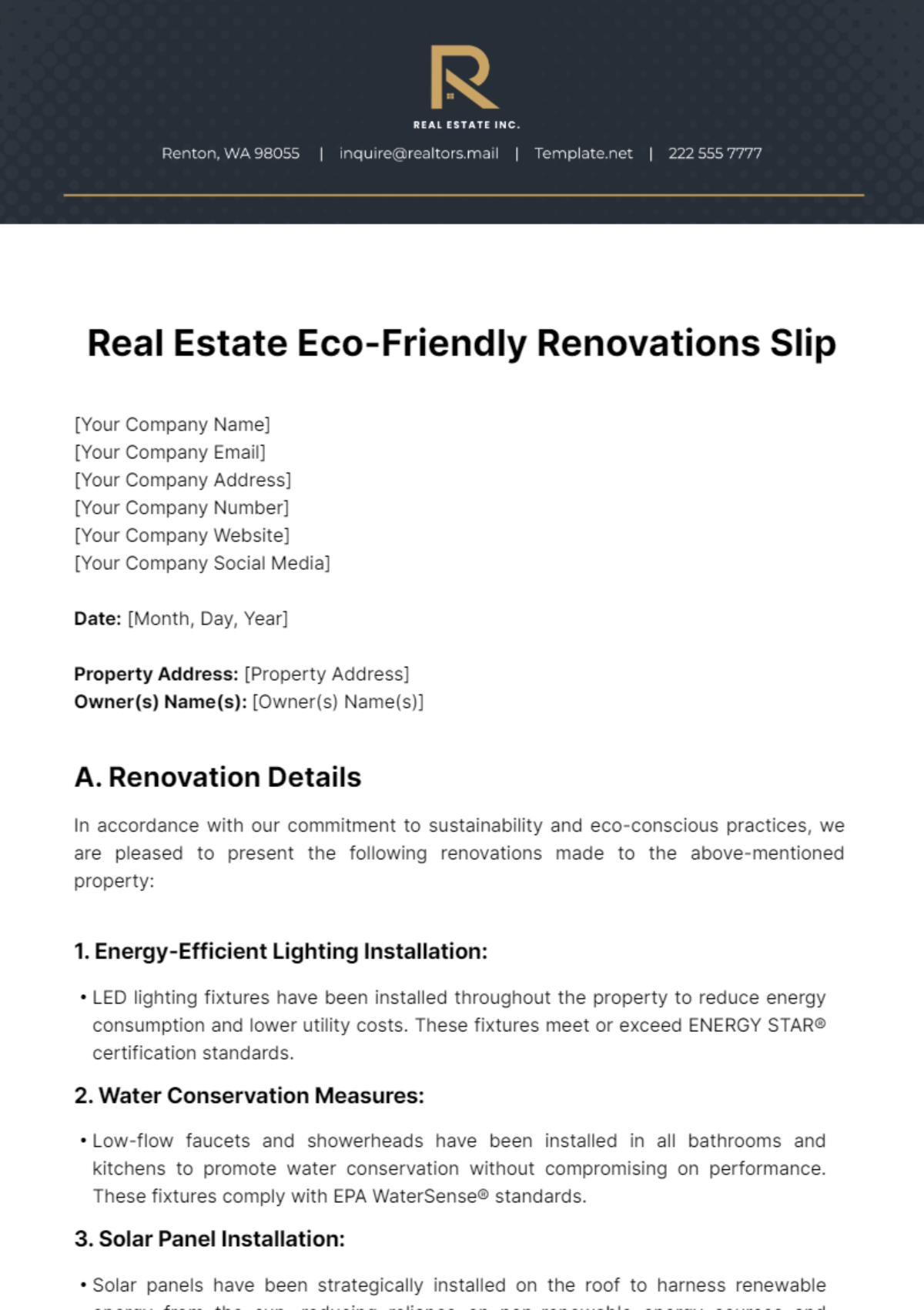 Real Estate Eco-Friendly Renovations Slip Template - Edit Online & Download