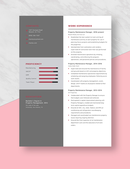 Property Maintenance Manager Resume Template