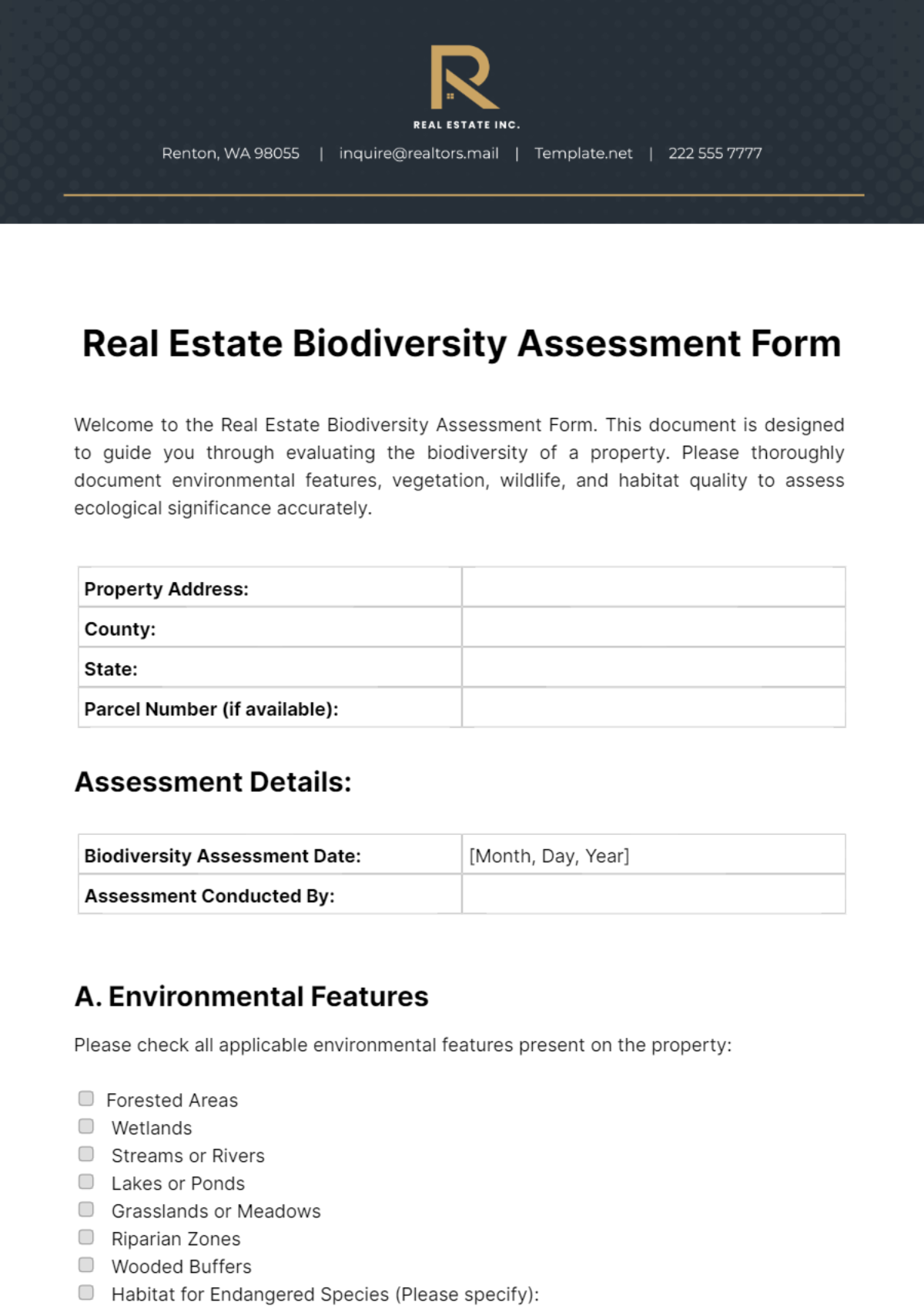 Free Real Estate Biodiversity Assessment Form Template