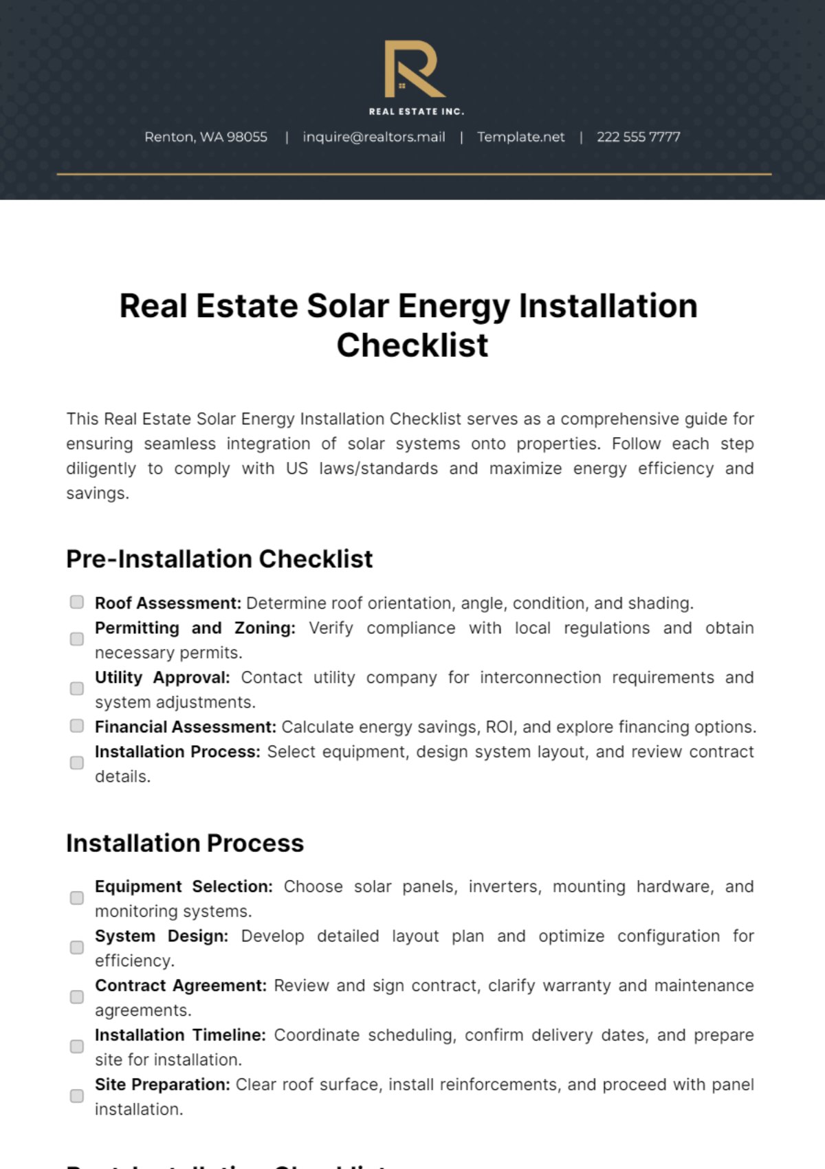 Real Estate Solar Energy Installation Checklist Template