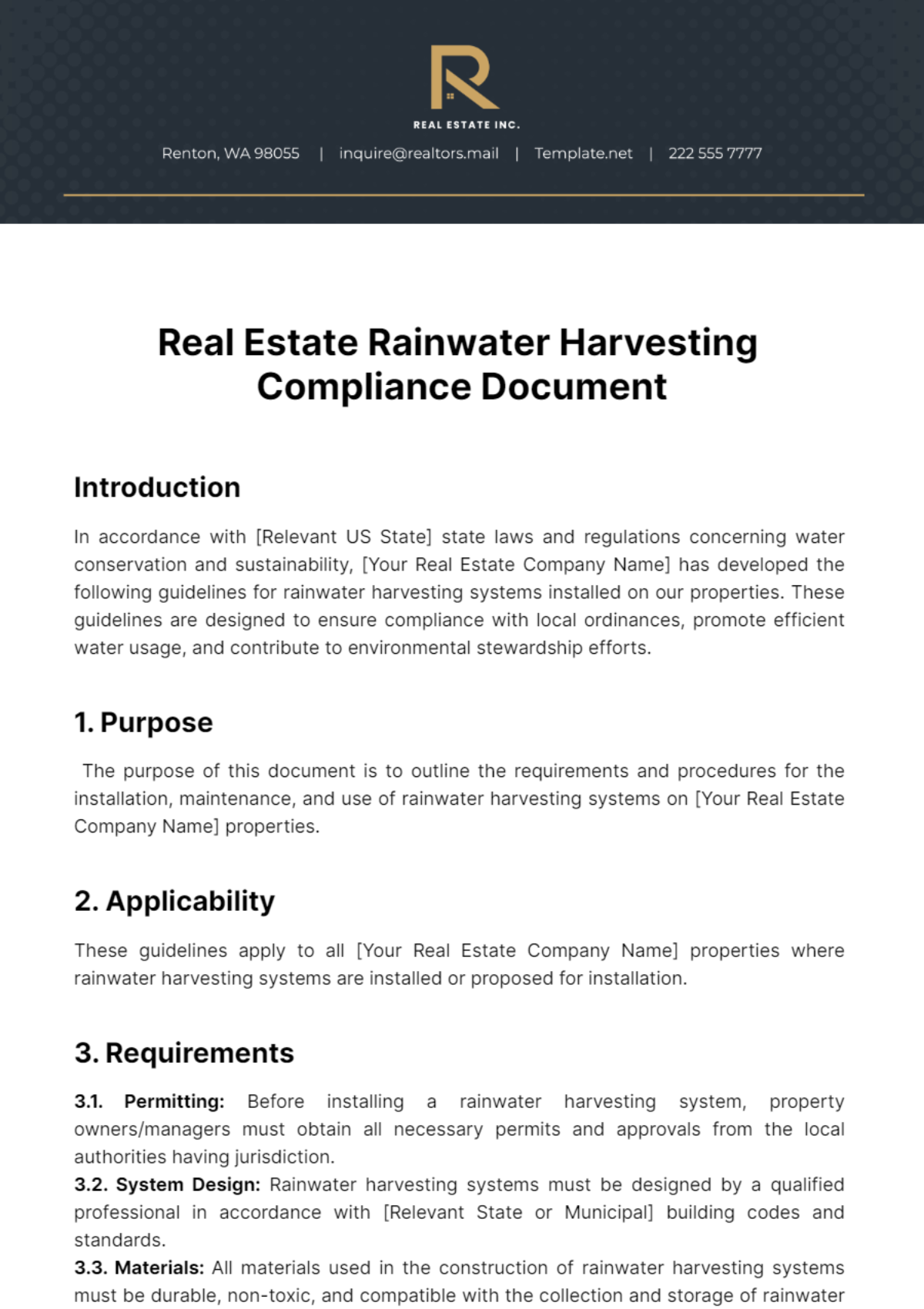 Free Real Estate Rainwater Harvesting Compliance Document Template