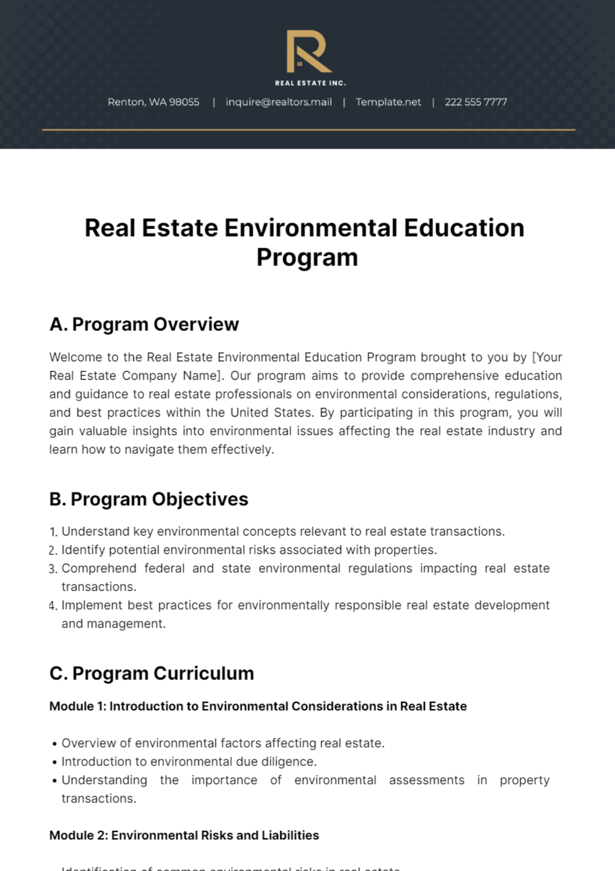 Free Real Estate Environmental Education Program Template