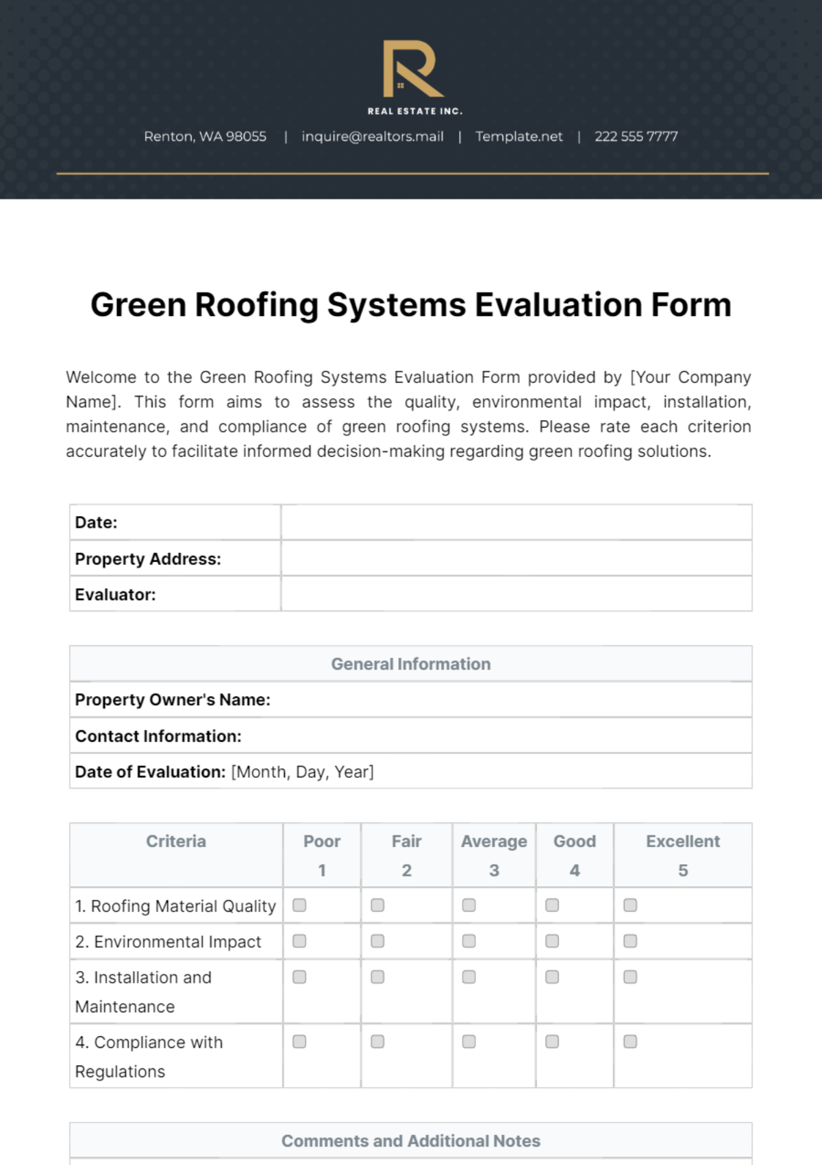 Free Real Estate Green Roofing Systems Evaluation Form Template