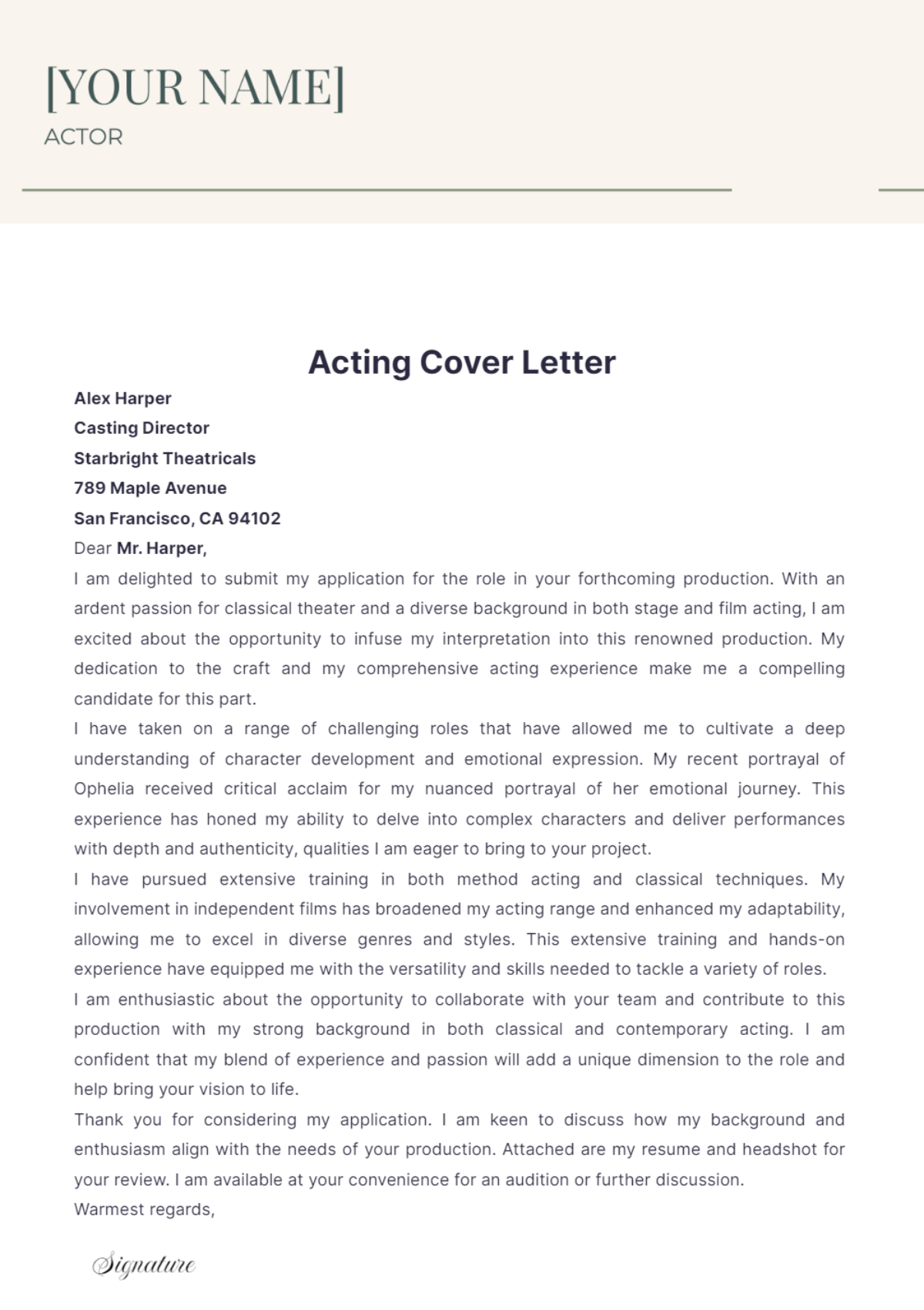 Acting Cover Letter - Edit Online & Download