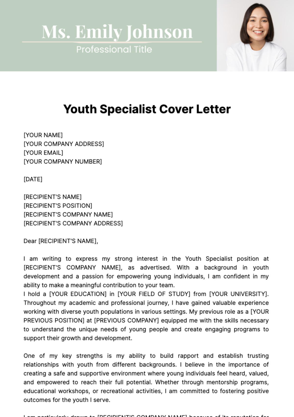 Free Youth Specialist Cover Letter Template