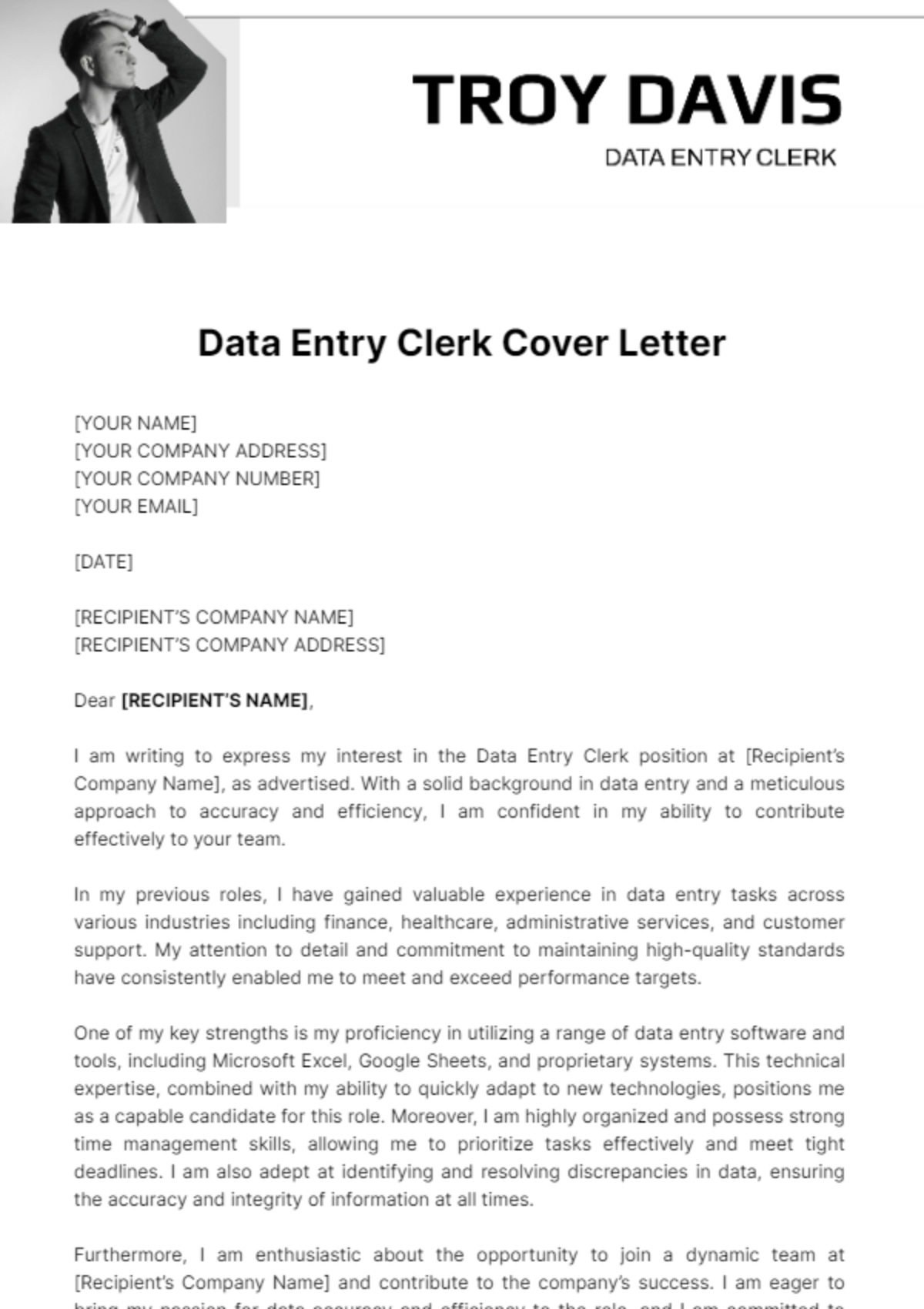 Free Data Entry Clerk Cover Letter Template