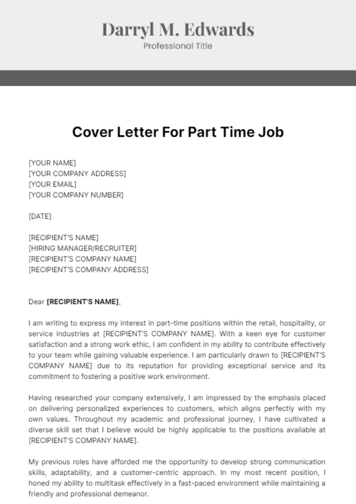 Cover Letter For Part Time Job Template