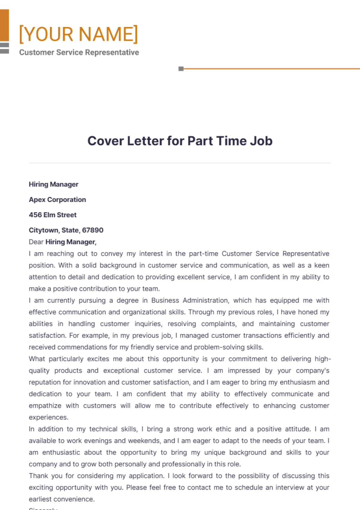 Cover Letter For Part Time Job