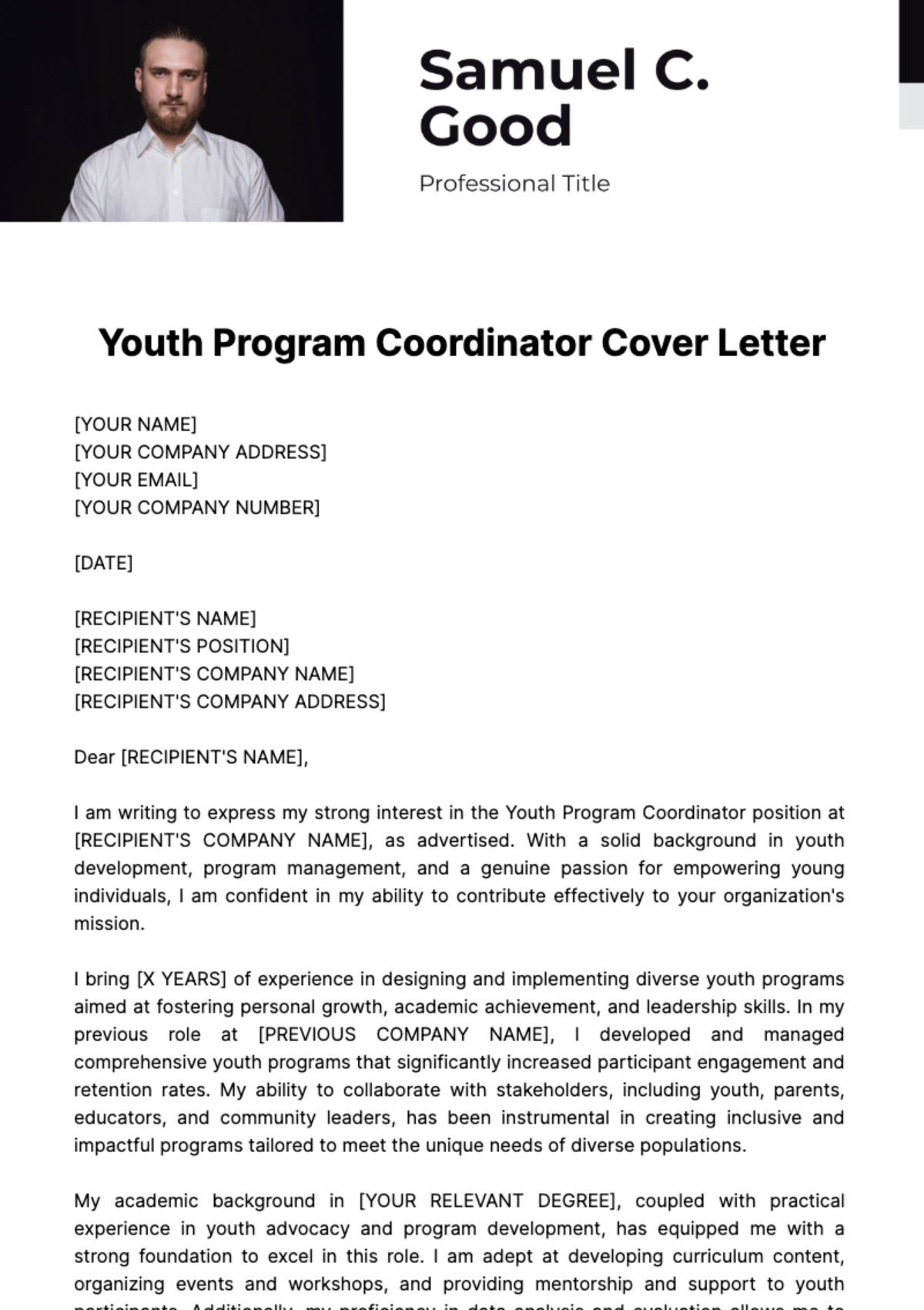 Youth Program Coordinator Cover Letter Template