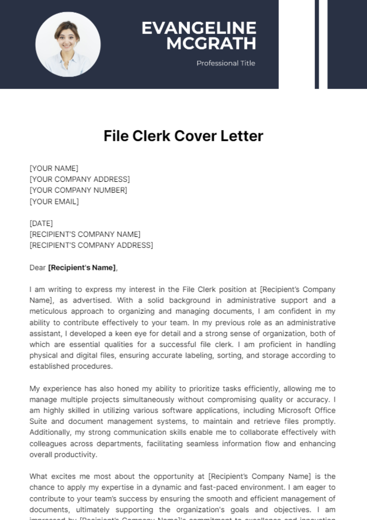 File Clerk Cover Letter Template