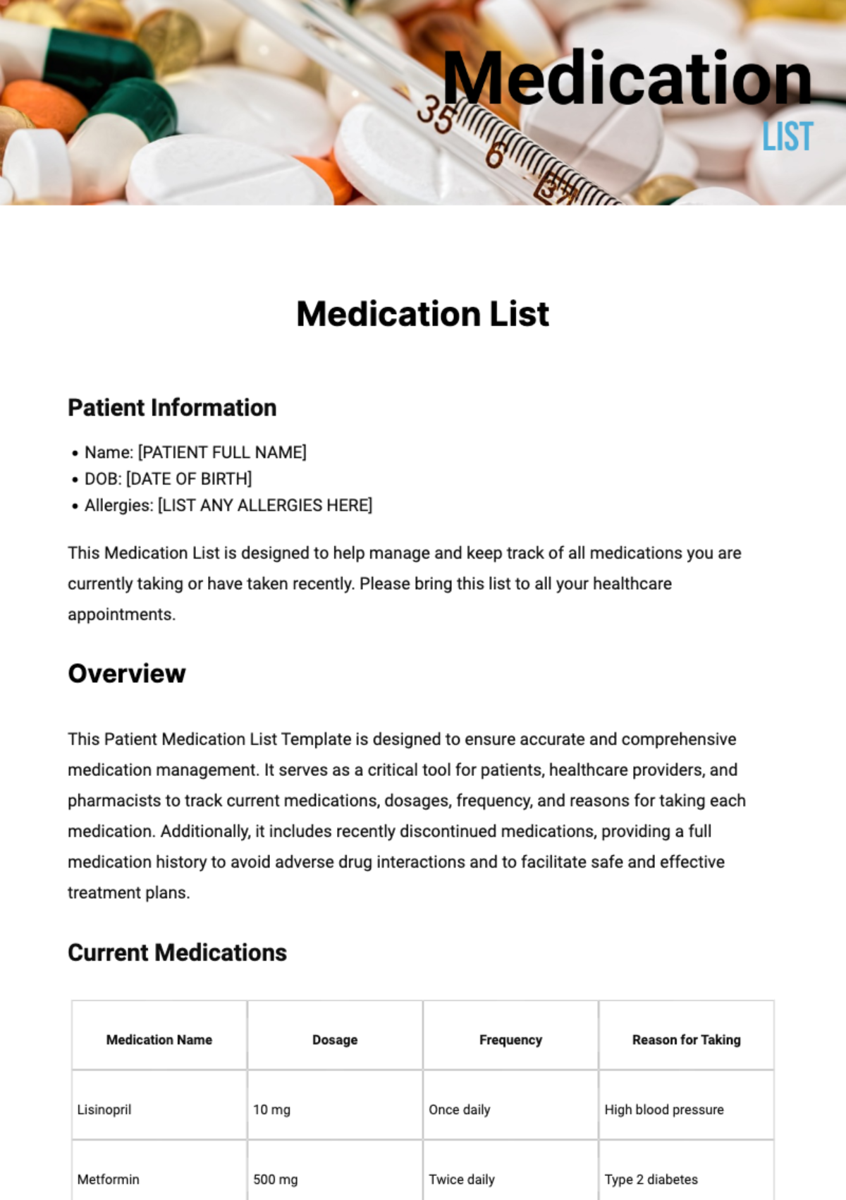 Free Medication List Template