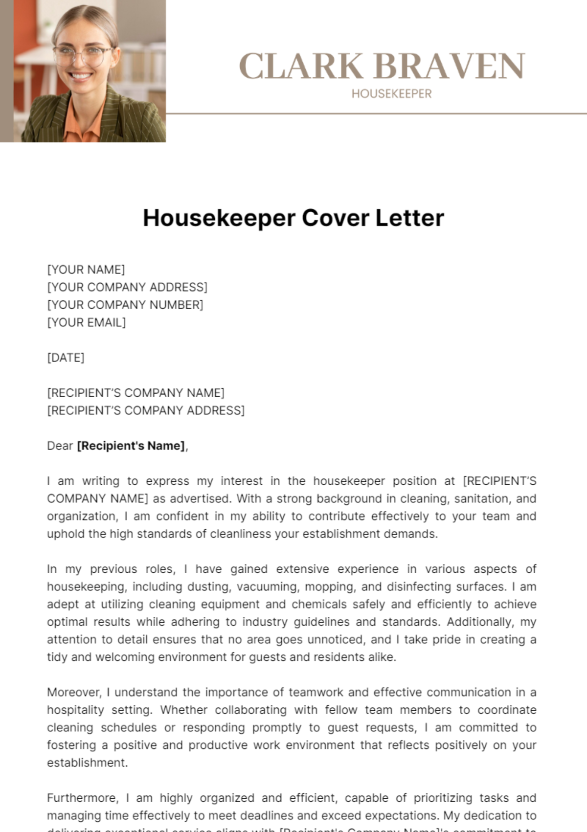 Housekeeper Cover Letter Template
