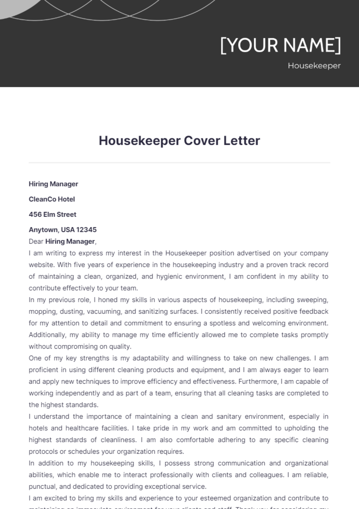 Housekeeper Cover Letter - Edit Online & Download