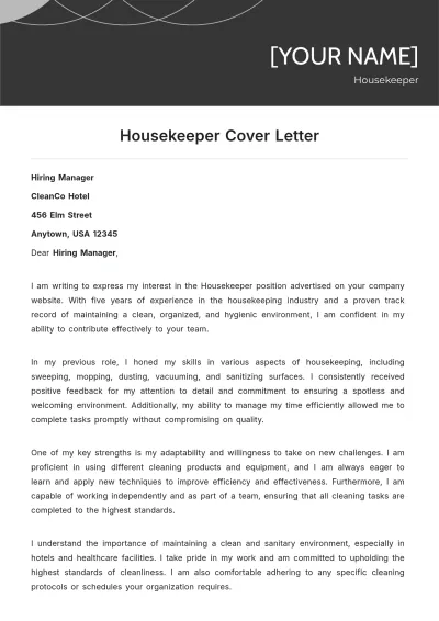 Free Housekeeper Cover Letter to Edit Online