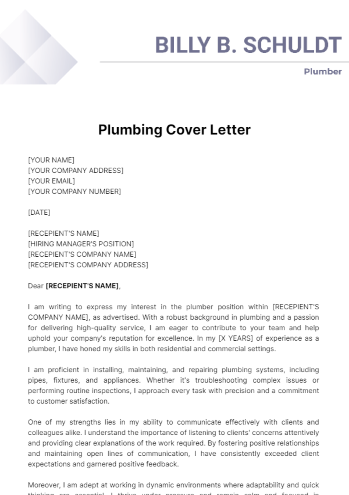 Plumbing Cover Letter Template