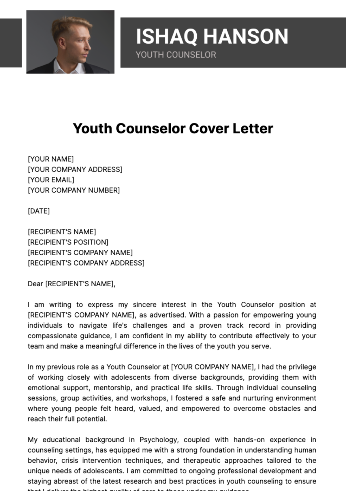 Youth Counselor Cover Letter Template