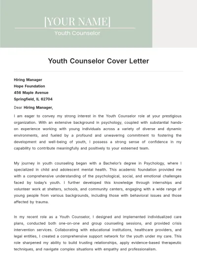 Free Youth Counselor Cover Letter Template to Edit Online